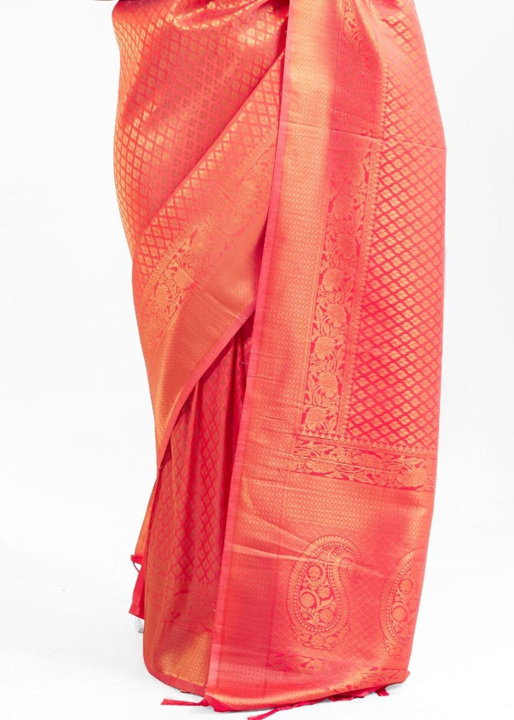 Punch Pink Kanjivaram Soft Woven Silk Saree | Stitched Blouse - qivii