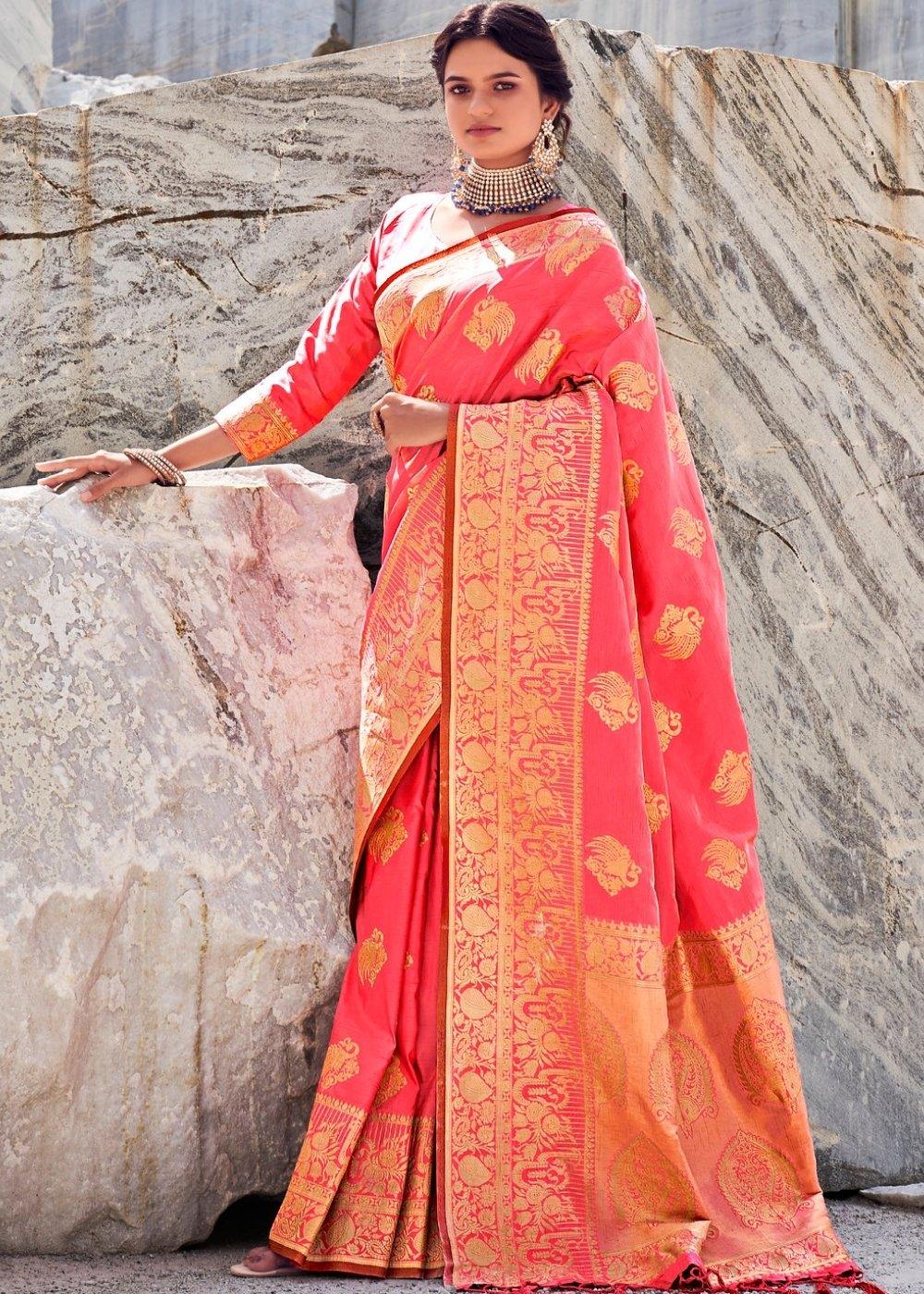 Punch Pink Woven Designer Silk Saree with Butti overall | Stitched Blouse - qivii