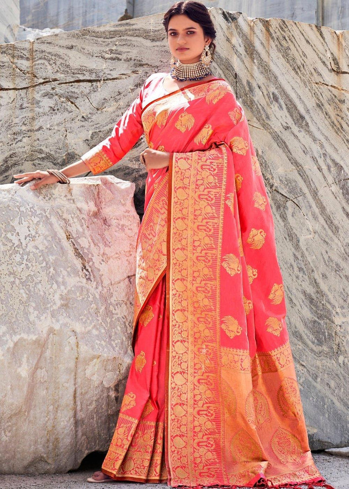 Punch Pink Woven Designer Silk Saree with Butti overall | Stitched Blouse - qivii