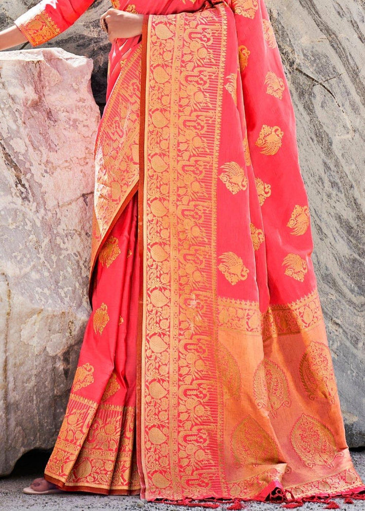 Punch Pink Woven Designer Silk Saree with Butti overall | Stitched Blouse - qivii