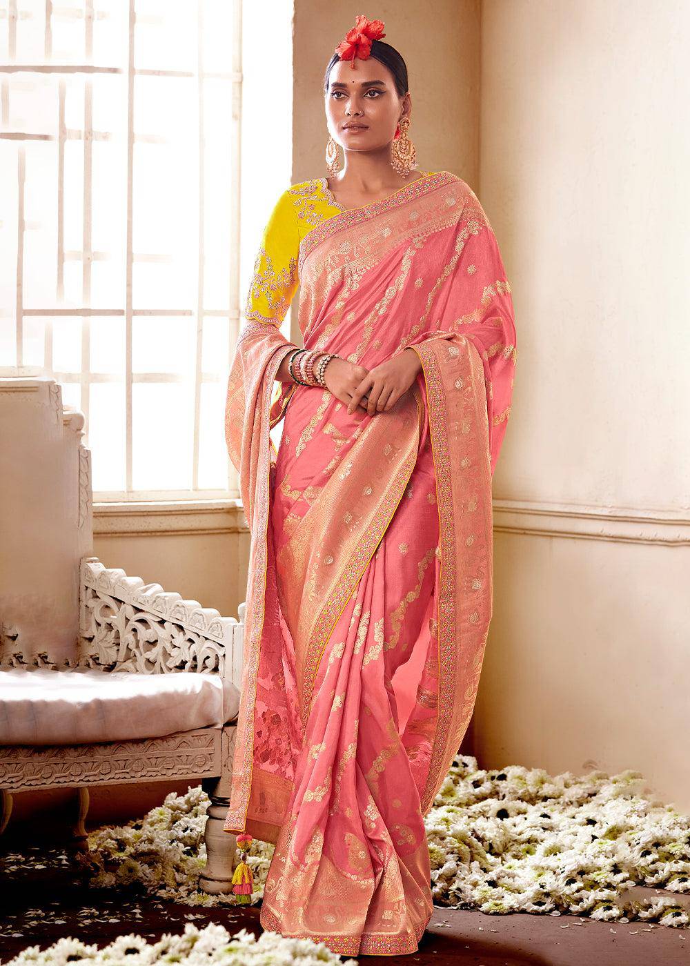 Punch Pink Woven Dola Silk Saree with Contrast Embroidered Border | Stitched Blouse - qivii