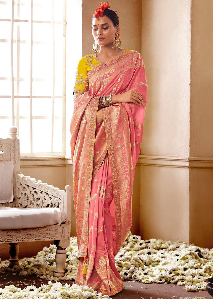 Punch Pink Woven Dola Silk Saree with Contrast Embroidered Border | Stitched Blouse - qivii