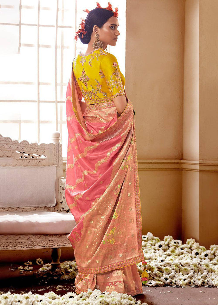 Punch Pink Woven Dola Silk Saree with Contrast Embroidered Border | Stitched Blouse - qivii