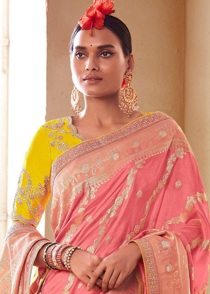 Punch Pink Woven Dola Silk Saree with Contrast Embroidered Border | Stitched Blouse - qivii