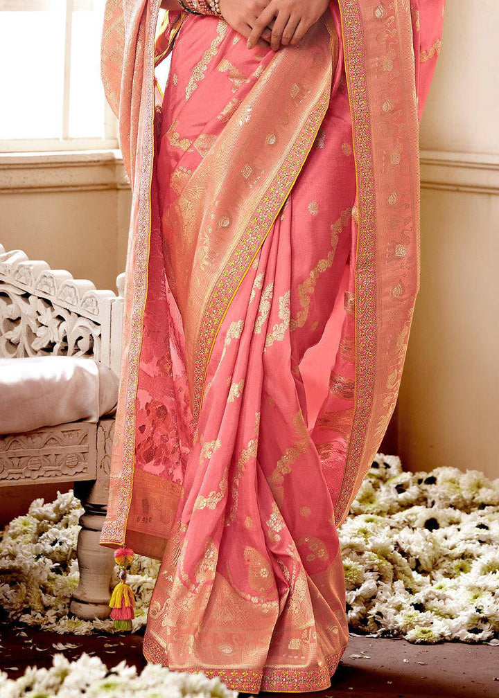 Punch Pink Woven Dola Silk Saree with Contrast Embroidered Border | Stitched Blouse - qivii