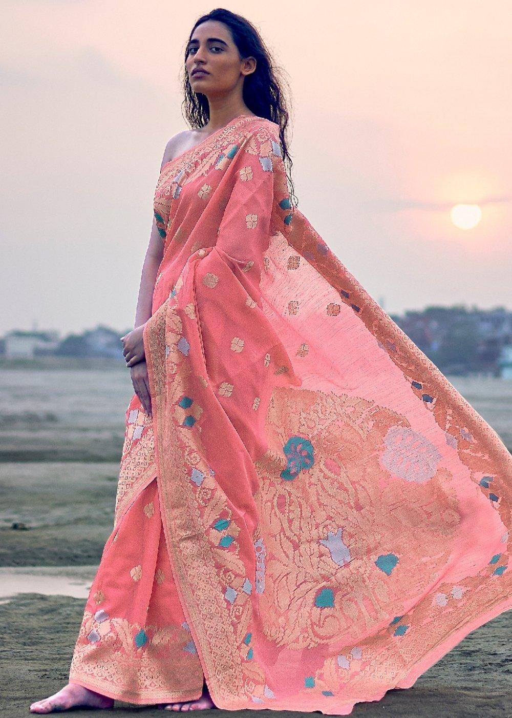 Punch Pink Woven Linen Silk Saree with Floral Motif on Pallu and Border - qivii