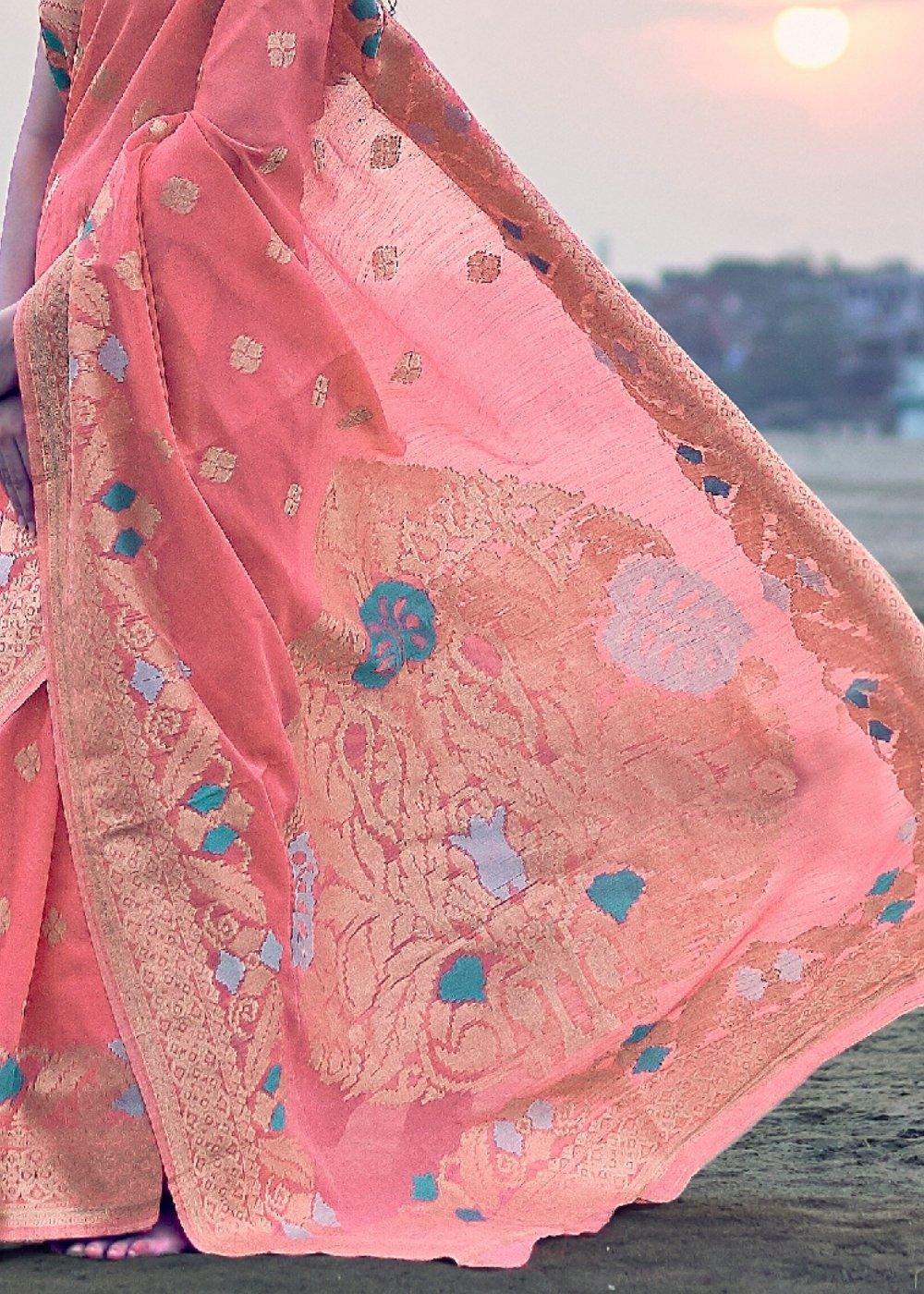 Punch Pink Woven Linen Silk Saree with Floral Motif on Pallu and Border - qivii