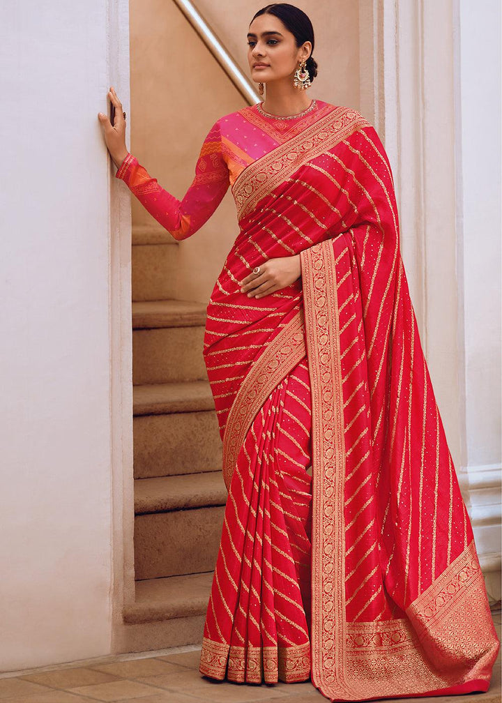 Punch Pink Woven Viscose Leheriya Silk Saree - qivii