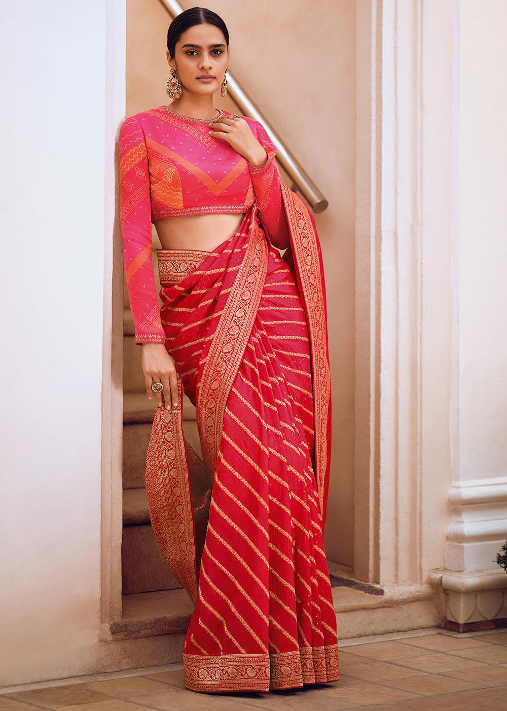 Punch Pink Woven Viscose Leheriya Silk Saree - qivii