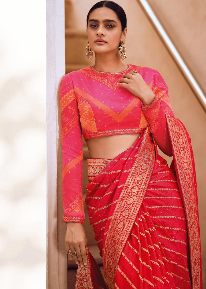 Punch Pink Woven Viscose Leheriya Silk Saree - qivii