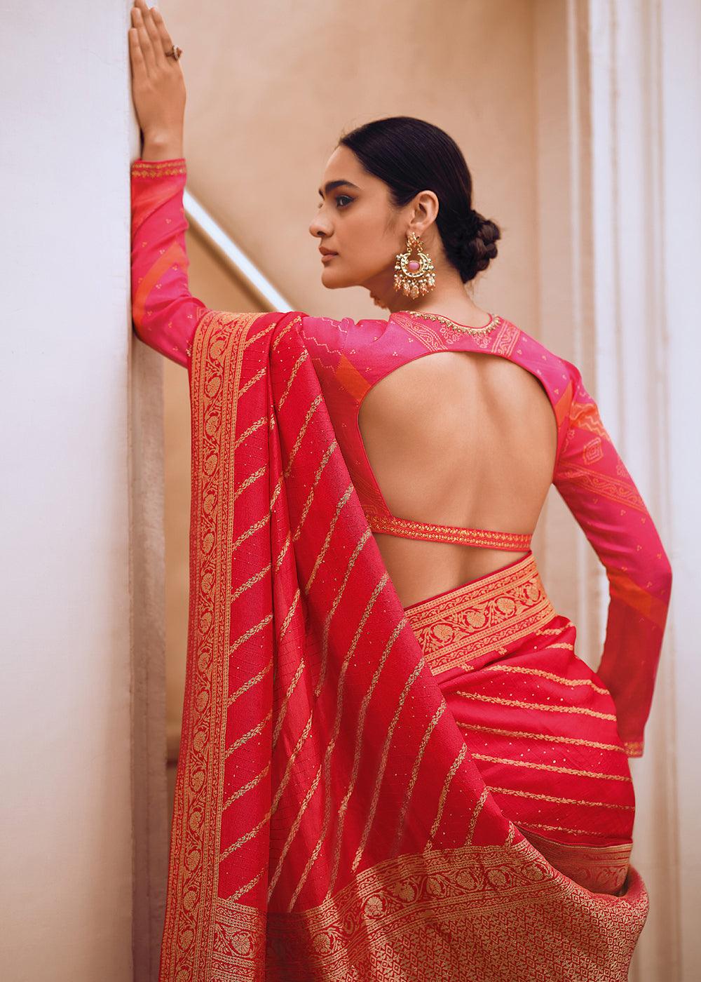 Punch Pink Woven Viscose Leheriya Silk Saree - qivii