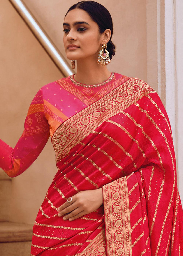 Punch Pink Woven Viscose Leheriya Silk Saree - qivii