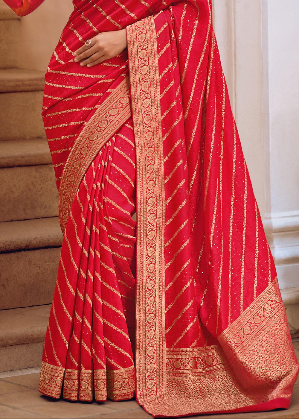 Punch Pink Woven Viscose Leheriya Silk Saree - qivii