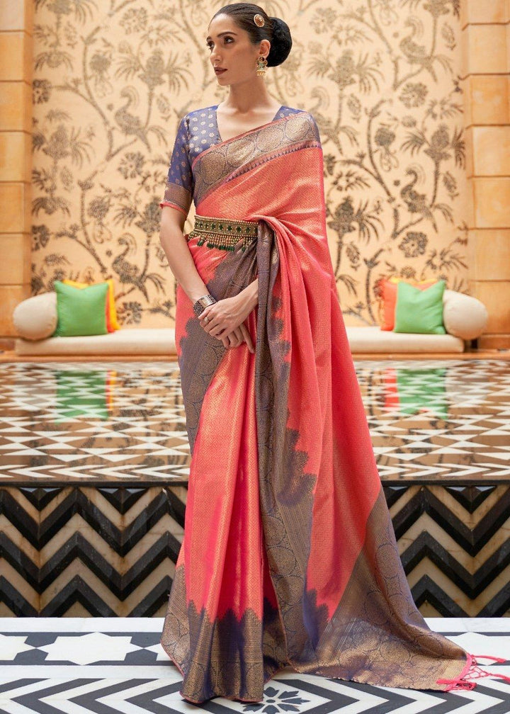 Punch Pink Zari Woven Kanjivaram Silk Saree | Stitched Blouse - qivii