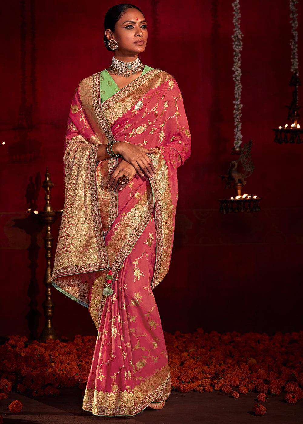 Punch Pink Zari Woven Khadi Silk Saree with Contrast Blouse | Stitched Blouse - qivii