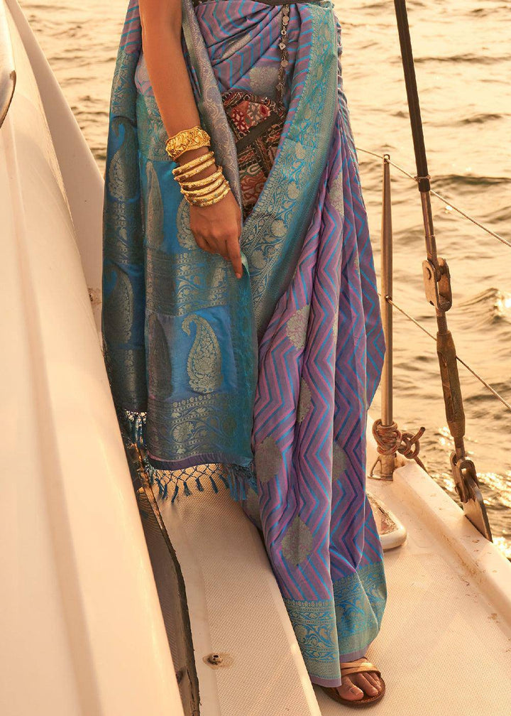 Purple & Blue Two Tone Designer Satin Silk Saree | Stitched Blouse - qivii