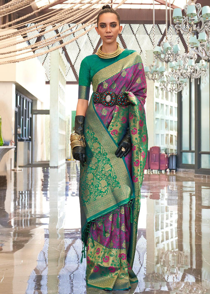 Purple & Green Zari Woven Banarasi Silk Saree - qivii