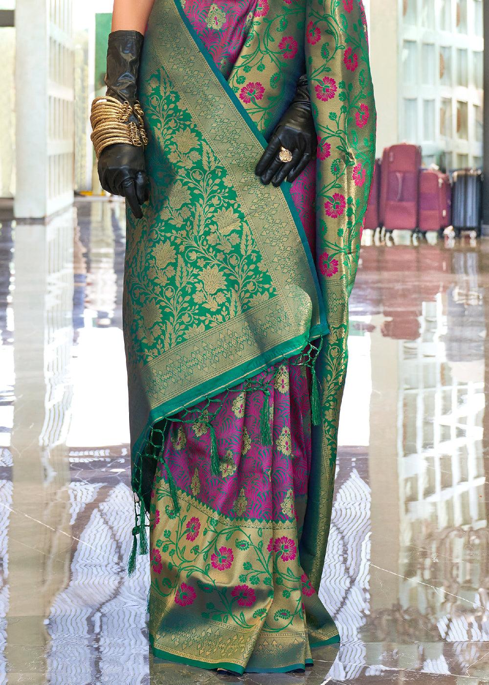 Purple & Green Zari Woven Banarasi Silk Saree - qivii