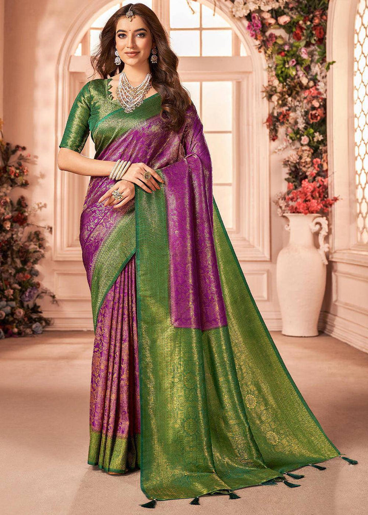 Purple & Green Zari Woven Designer Silk Saree | Stitched Blouse - qivii