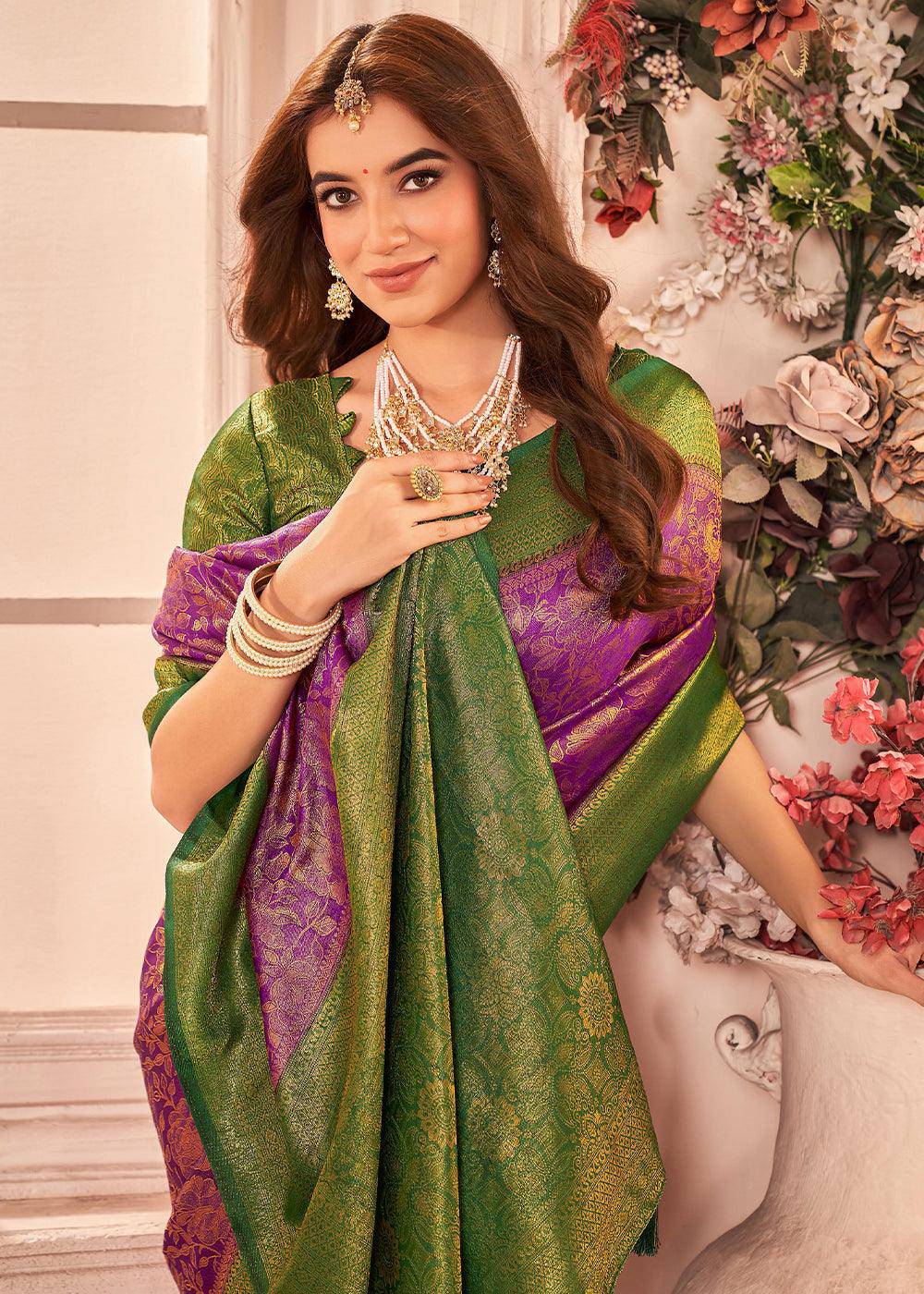 Purple & Green Zari Woven Designer Silk Saree | Stitched Blouse - qivii