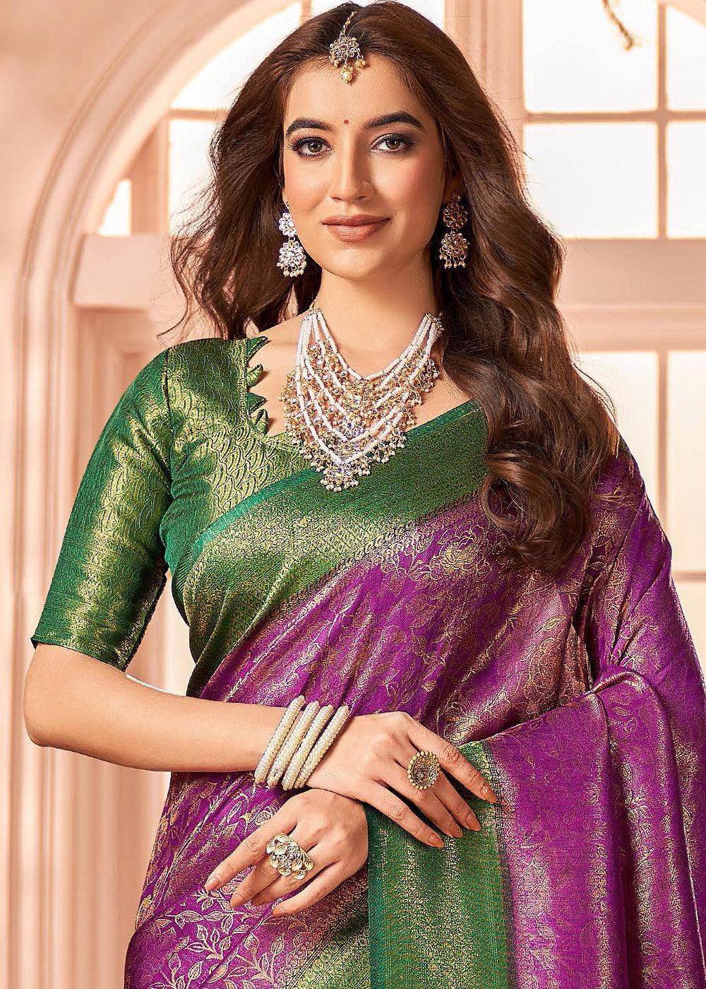 Purple & Green Zari Woven Designer Silk Saree | Stitched Blouse - qivii