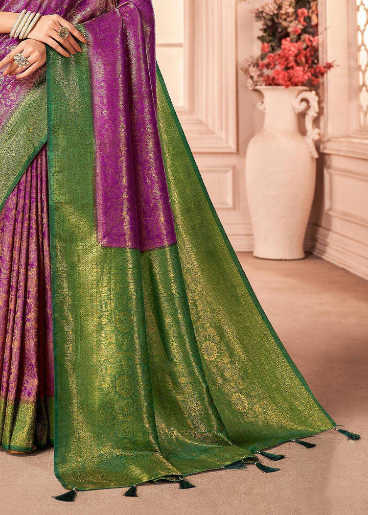 Purple & Green Zari Woven Designer Silk Saree | Stitched Blouse - qivii