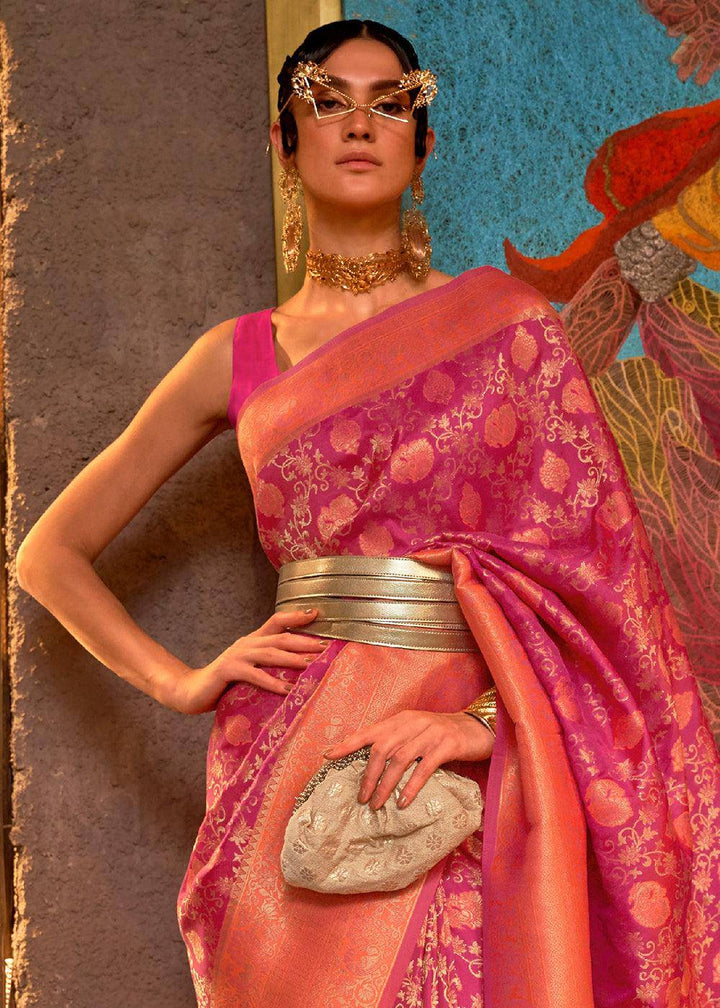 Purple & Orange Zari Woven Soft Silk Saree | Stitched Blouse - qivii