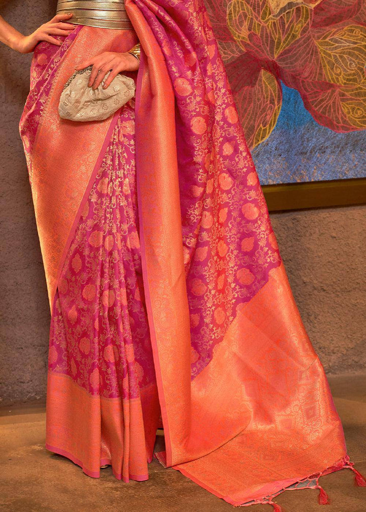 Purple & Orange Zari Woven Soft Silk Saree | Stitched Blouse - qivii