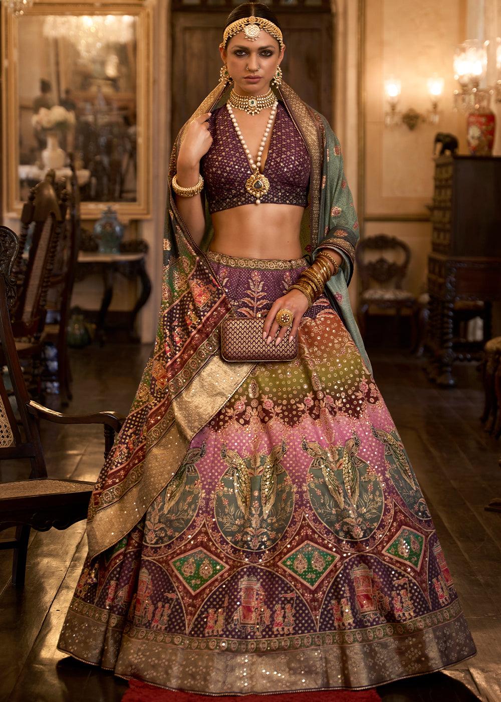 Purple & Pink Ready to Wear Designer Silk Lehenga Choli with Sparkle & Aari Mirror work - qivii