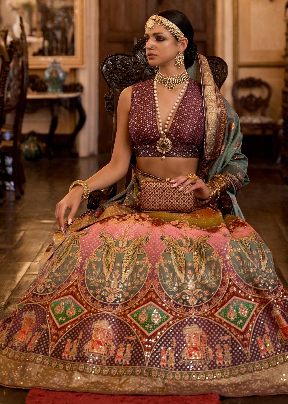 Purple & Pink Ready to Wear Designer Silk Lehenga Choli with Sparkle & Aari Mirror work - qivii