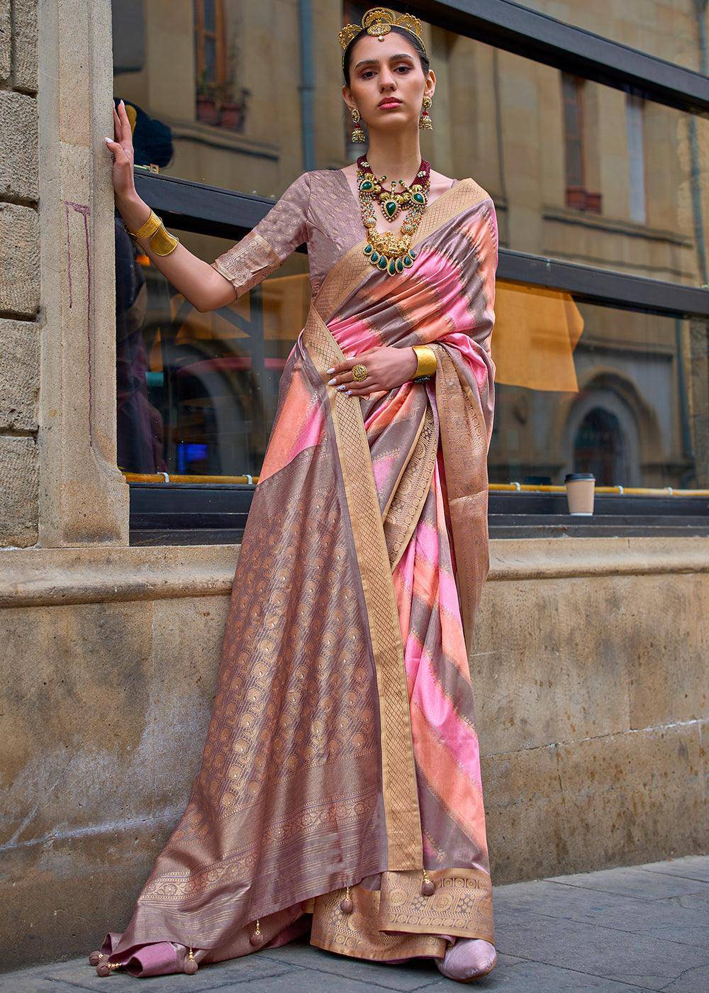 Purple & Pink Viscose Silk Saree with Aqua Finish work | Stitched Blouse - qivii