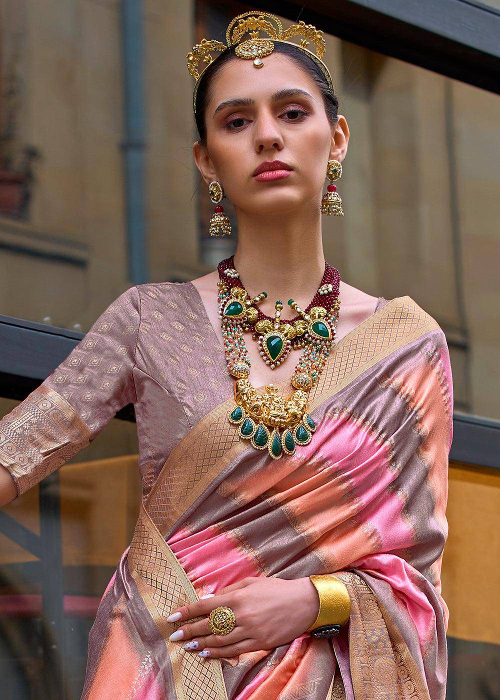 Purple & Pink Viscose Silk Saree with Aqua Finish work | Stitched Blouse - qivii