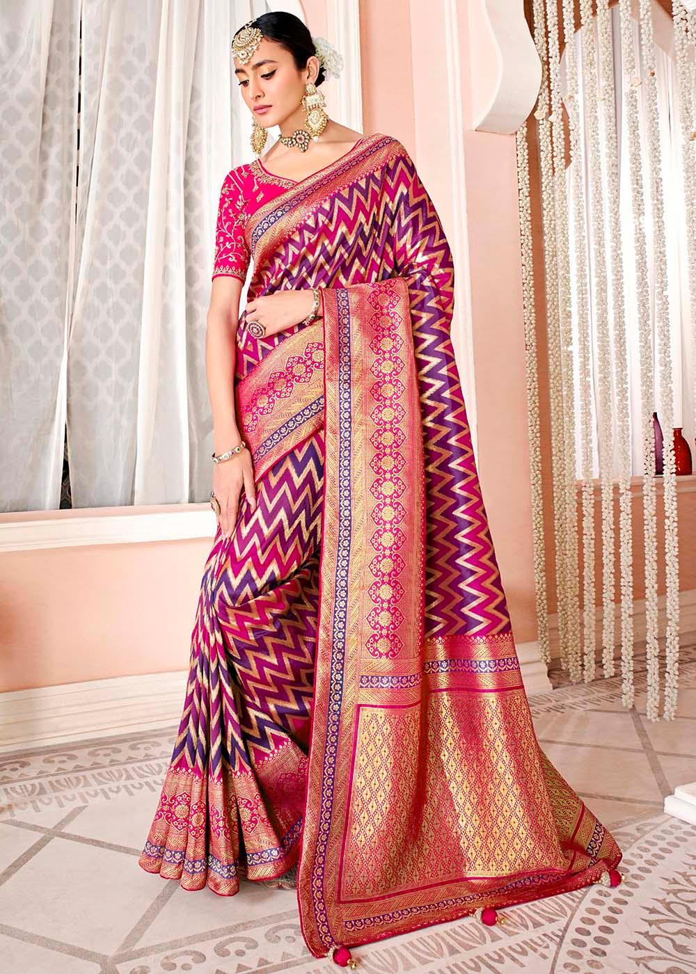 Purple & Pink Woven Banarasi Silk Saree with Embroidered Blouse | Stitched Blouse - qivii