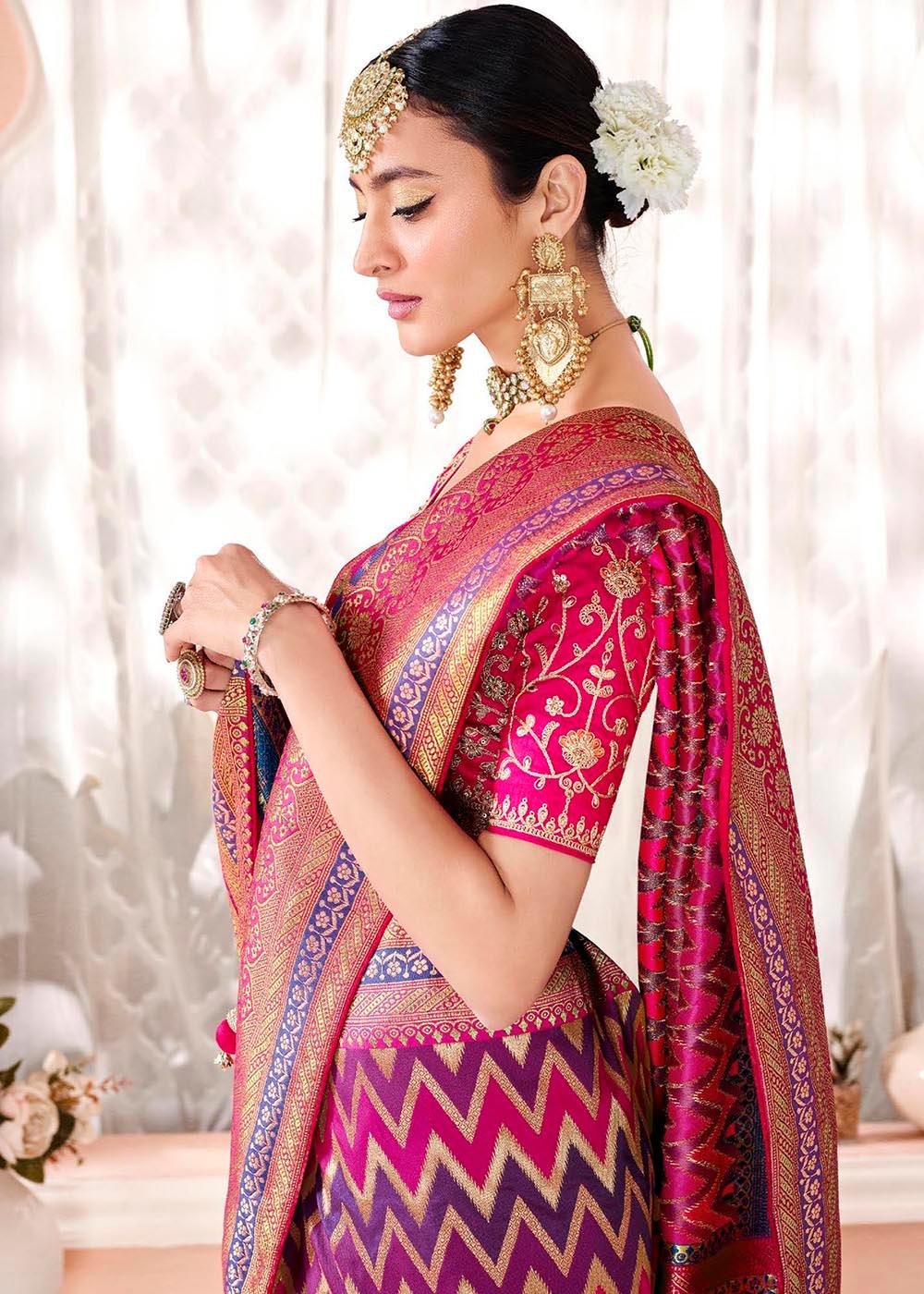 Purple & Pink Woven Banarasi Silk Saree with Embroidered Blouse | Stitched Blouse - qivii