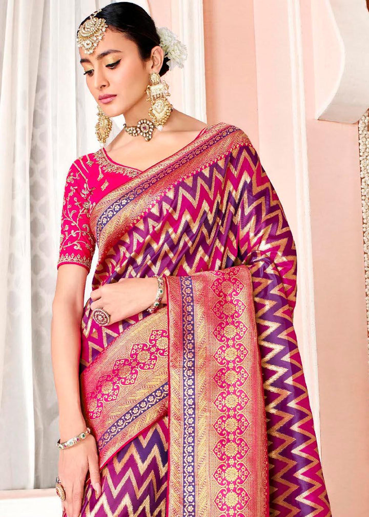 Purple & Pink Woven Banarasi Silk Saree with Embroidered Blouse | Stitched Blouse - qivii