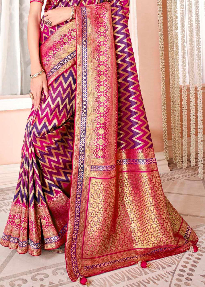 Purple & Pink Woven Banarasi Silk Saree with Embroidered Blouse | Stitched Blouse - qivii