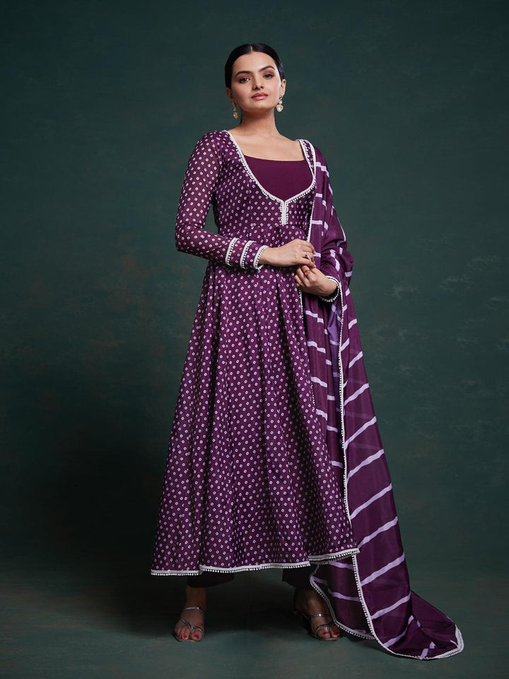 Purple bandhani pattern anarkali only suit by Qivii