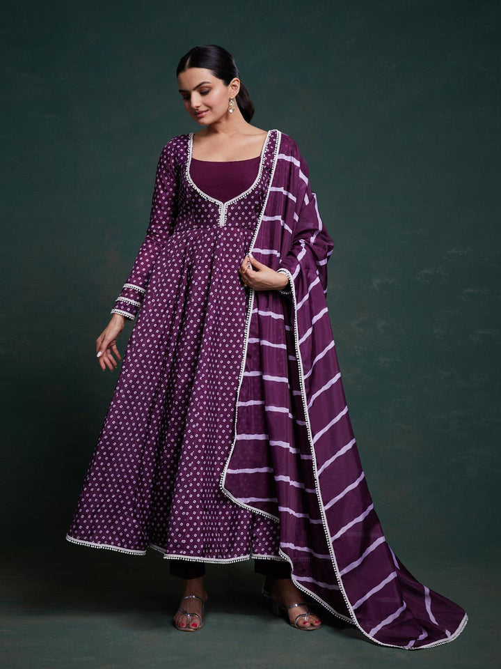 Purple bandhani pattern anarkali only suit by Qivii