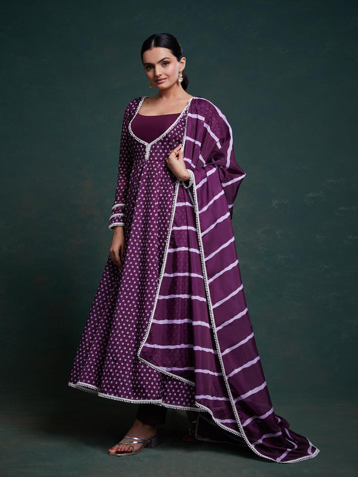 Purple bandhani pattern anarkali only suit by Qivii