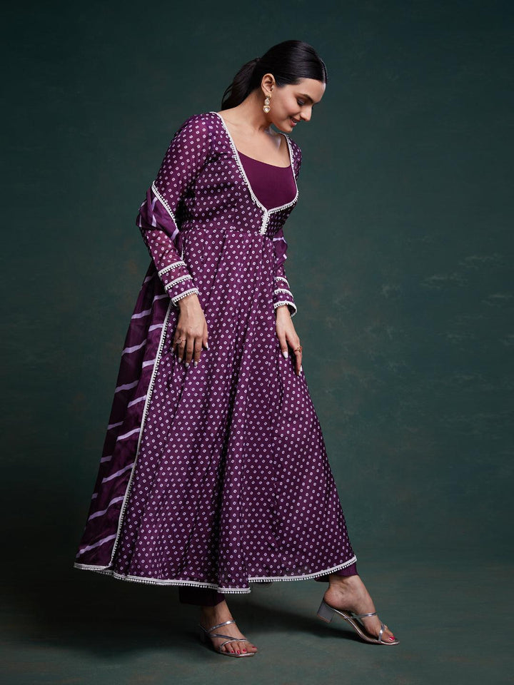 Purple bandhani pattern anarkali only suit by Qivii