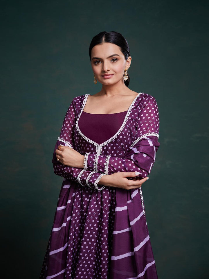 Purple bandhani pattern anarkali only suit by Qivii