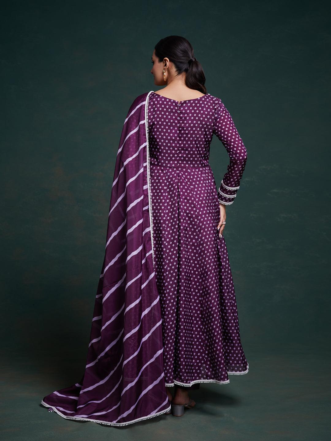 Purple bandhani pattern anarkali only suit by Qivii