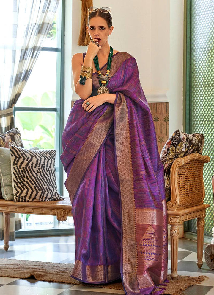 Kreeva Purple Organza Two Tone Saree with Gold Zari Border and Floral Design