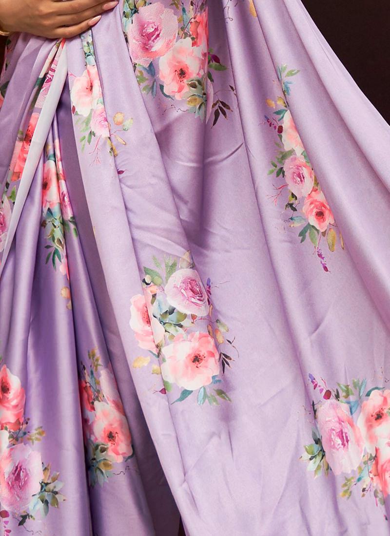 Purple Satin Crepe Floral Saree  - By Kreeva