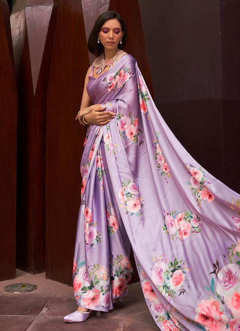 Purple Satin Crepe Floral Saree  - By Kreeva