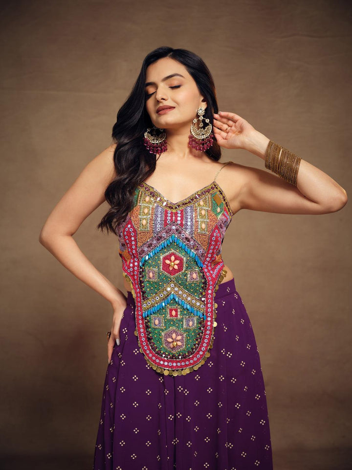 Stunning purple silk co-ords with intricate embroidery by Qivii