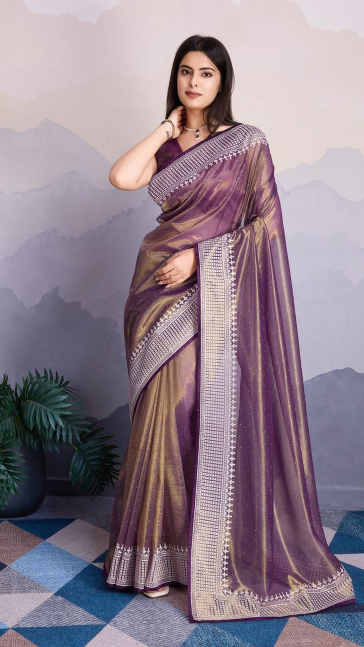 Purple Color Maharani Style Broad Embroidered Saree