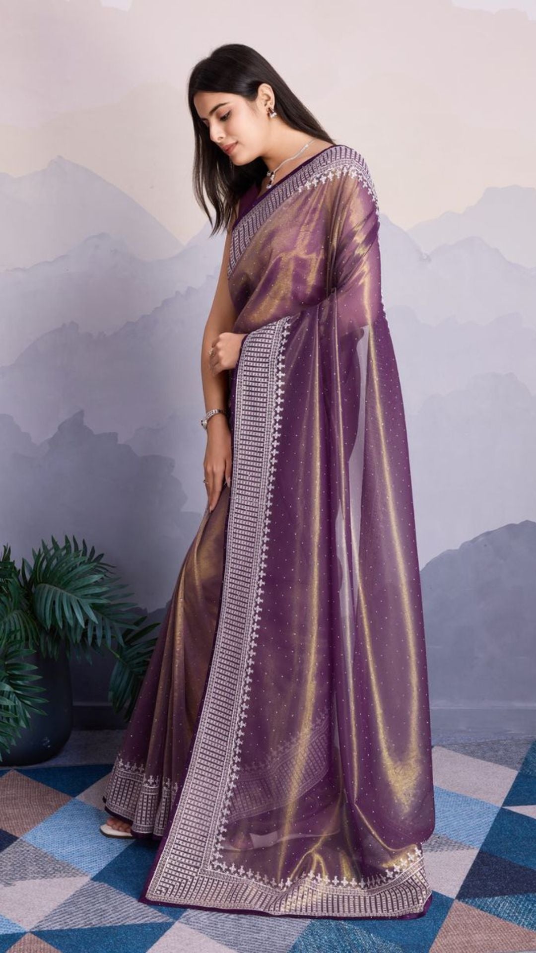 Purple Color Maharani Style Broad Embroidered Saree