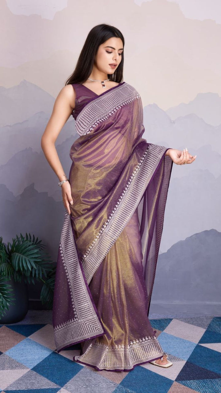 Purple Color Maharani Style Broad Embroidered Saree