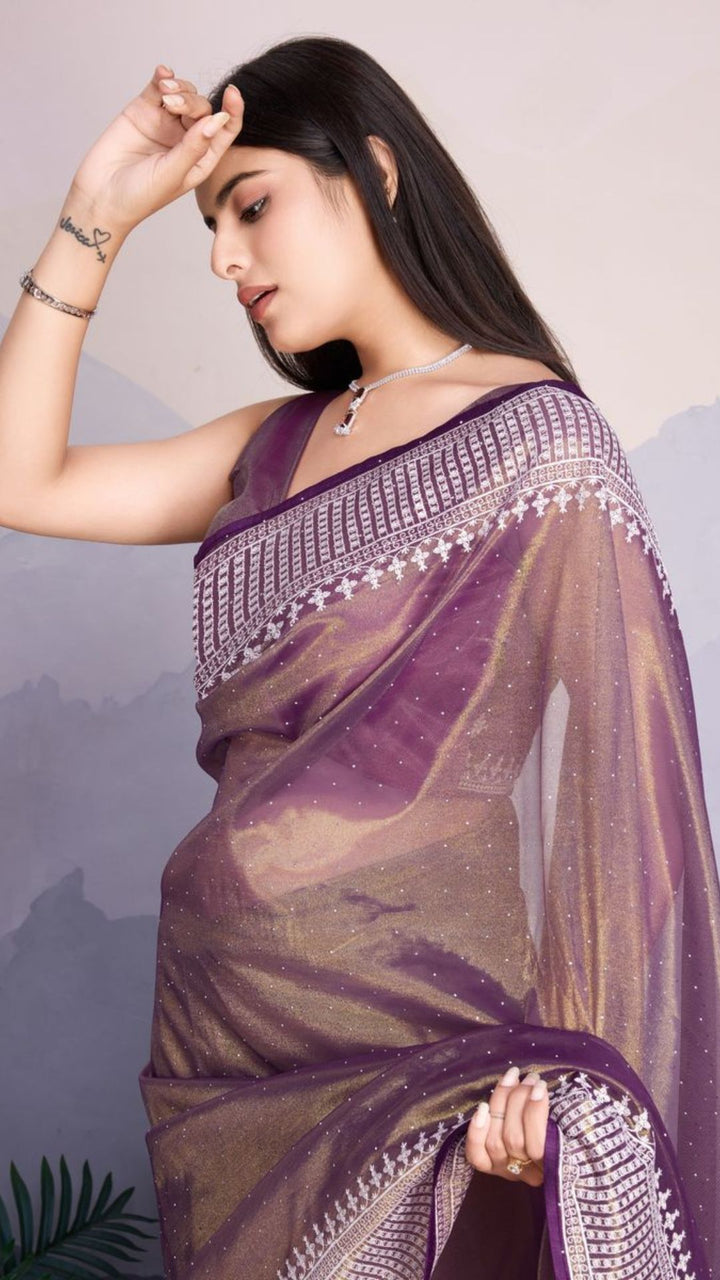 Purple Color Maharani Style Broad Embroidered Saree